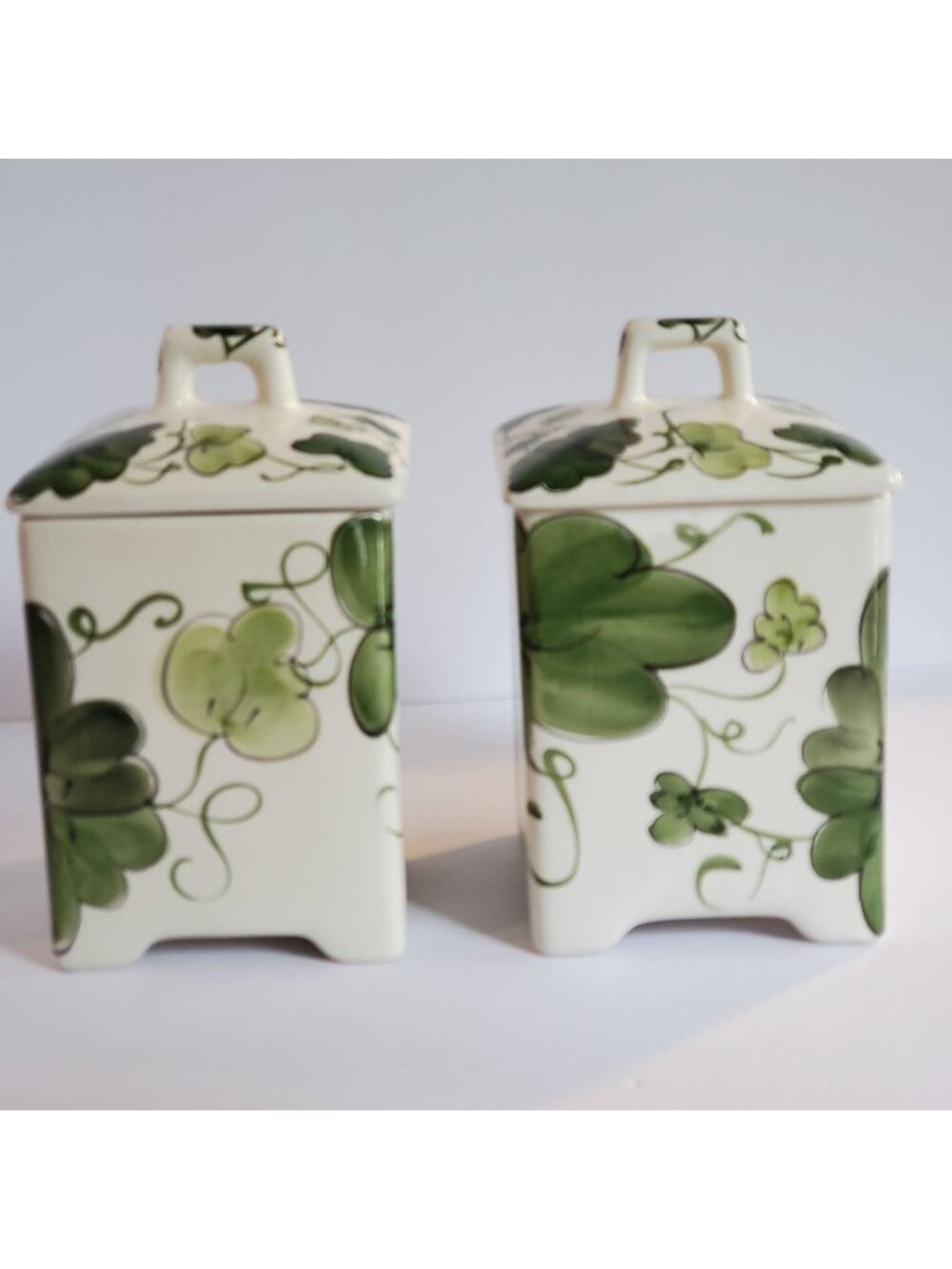 Jay Wilfred Canisters Square Ceramic Ivory Green Leaf Design Portugal - Set of 2